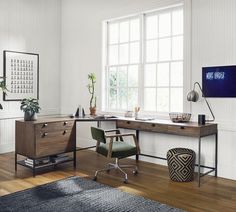 an office with a desk, chair and potted plant