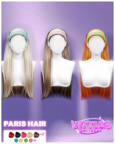 three wigs with different colored hair on display in front of a purple background and the words paris hair written below them