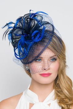 Browse our beautiful fascinator hats selection for a regal, elegant touch. High tea, bridal shower, wedding or derby, we got your head covered in elegance! Royal Blue Fascinator, Navy Fascinator, Fascinator Hats Wedding, Blue Fascinator, Derby Fascinator, Hat Headband, Fascinator Hairstyles, Navy Hats, Birdcage Veil