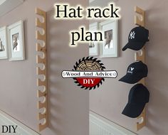 the hat rack plan is hanging on the wall next to two pictures and a coat rack