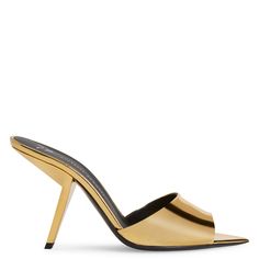 These pointed-toe mules, crafted from golden mirror-effect synthetic fabric, feature matching covered comma heels and black leather soles. Golden Mirror, Mirror Effect, Synthetic Fabric, Giuseppe Zanotti, Black Heels, Black Leather, Womens Sizes, Heels, Leather