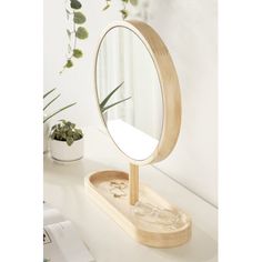 a mirror sitting on top of a table next to a plant