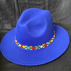 Price Is Firm! Beautiful Hand Beaded Unisex Fedora. Adjustable String Inside Enables Hat To Be Adjusted To Fit Most Heads. Bohemian Blue Beaded Hat, Blue Bohemian Beaded Hat, Adjustable Beaded Blue Hat, Adjustable Blue Beaded Hat, Beading Art, Beaded Hat Bands, Hat Bands, Beaded Hat, Hat Band