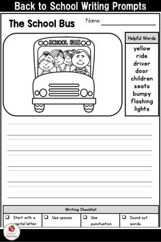 back to school writing worksheet for the school bus with pictures and words on it