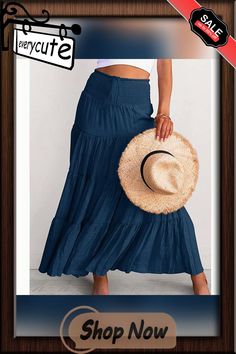 Navy Blue Bohemia Pleated High Waist Maxi Skirt Blue Spring Maxi Skirt, Blue Maxi Skirt For Spring And Summer, Blue Tiered Maxi Skirt For Summer, Blue Maxi Skirt For Vacation, Blue Relaxed Fit Maxi Skirt For Vacation, Summer Bohemian Solid Color Maxi Skirt, Blue Non-stretch Bohemian Maxi Skirt, Non-stretch Blue Bohemian Maxi Skirt, Blue Tiered Summer Maxi Skirt