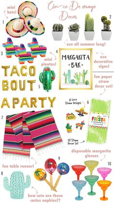 an image of mexican themed party decorations and items for the fiesta boute party with text overlay