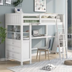 a white loft bed with desk underneath it