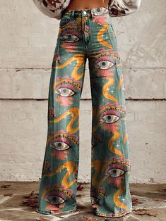 Women's Vintage Print Casual Wide Leg Pants Printed Jeans Women, Cowhide Fabric, Colorful Pants, Pant Trousers Women, Pants Y2k, Cheap Pants, Skirt Suit Set, Casual Wide Leg Pants, Jeans Wide