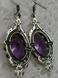 Purple Amethyst Earrings, Edwardian Jewelry, Pin Design#E18 with traditional Ear Wire Closures Ornate Purple Sterling Silver Earrings, Silver Crystal Earrings With Jewels As Gift, Silver Crystal Earrings With Jewels For Gift, Gothic Silver Teardrop Jewelry, Gothic Teardrop Silver Jewelry, Classic Teardrop Purple Earrings, Ornate Purple Drop Earrings, Ornate Purple Dangle Earrings, Silver Jeweled Earrings As A Gift