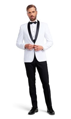 Color: White
 	Jacket Lapels: Shawl
 	Designer: Cardi
 	Material: Luxury Viscose Blend Shawl Tuxedo, Midnight Blue Dress, White Tux, Tuxedo Coat, White Slacks, Gray Wool Coat, White Shawl, Black Shawl, White Tuxedo