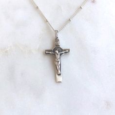 Classic Gold or Silver Crucifix — Unique Catholic Jewelry - Telos Art Classic Engraved Crucifix Jewelry, Elegant Sterling Silver Crucifix Jewelry And Charms, Elegant Sterling Silver Crucifix Charms, Elegant Sterling Silver Crucifix Jewelry, Silver Crucifix Jewelry For Everyday Wear, Everyday Silver Crucifix Jewelry, Classic Silver Crucifix Jewelry, Classic White Gold Crucifix Jewelry, Handmade White Gold Crucifix Jewelry