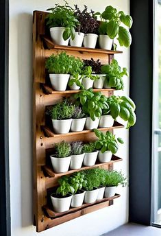 a wall mounted herb planter with potted plants