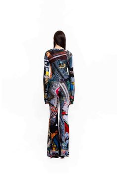 Polyester-blend stretch flare pants -All-over print -Elasticized waistband Multicolor Graphic Print Wide Leg Pants, Multicolor Wide Leg Pants With Graphic Print, Stretch Wide Leg Pants With Graphic Print, Multicolor Wide Leg Bottoms With Graphic Print, Multicolor Graphic Print Wide Leg Bottoms, Multicolor Graphic Print Wide-leg Bottoms, Multicolor Wide Leg Bottoms With Abstract Print, Multicolor Abstract Print Wide Leg Bottoms, Fitted Multicolor Graphic Print Bottoms