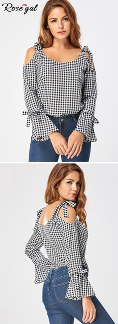 Free shipping worldwide.Tie Shoulder Flare Sleeve Plaid Blouse.#blouses #tieshoulder #fashion #womensfashion #for women Fantasy Clothes, Elegante Casual, Plaid Blouse, Clothes Style, Indian Designer Wear, Mode Vintage, Fashion 2017, Blouse Styles, Mens Shirt Dress