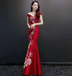 ⭐⭐ Free Shipment to Worldwide! Premium Handmade Quality, Gift Level. ⭐⭐This Dress is a great Art Piece for Brides; Who wants a traditional Chinese wedding Celebreation; This gown can also be musician stage display costume, Hosting Suit, Chorus uniform, Stage Costumes. ⭐ High light: Vintage Embroidery Chinoiserie Art Pattern, One off Shoulder Design, Ribbon to lace up on the back; Mermaid Shape; Very Royal and classical; Full Length Skirt to Floor. ⭐Perfect for Wedding Brides and special occasion Luxury Red Gown With Traditional Drape, Luxury Red Ceremonial Gown, Traditional Chinese Wedding Dress Veaul, Luxury Red Georgette Gown, Luxury Red Chinon Gown, Red Chinese Wedding Dress Dream Dresses By Pmn, Luxury Ceremony Dress With Traditional Patterns, Luxury Red Georgette Dress, Luxury Red Ceremonial Dress