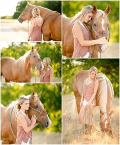 a beautiful blonde woman standing next to a brown horse