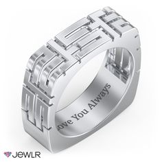 This one-of-a-kind ring is designed with a geometric pattern of clean cut shapes, which gives the person wearing it a modern edge. For a sentimental touch, engrave a special message, date, or name on the inside of the band. This square ring is available to be made in your choice of sterling silver or gold metal. Mens Engagement, Square Ring, Geometric Ring, Square Rings, For Sale Sign, Clean Cut, Silver Man, Personalized Jewelry, Gold Metal