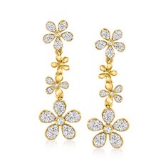 .50 ct. t.w. Diamond Daisy Drop Earrings in 18kt Gold Over Sterling | Ross-Simons Silver Rose Ring, Everyday Jewellery, Sunflower Ring, Sunflower Pendant, Sunflower Necklace, Diamond Birthstone, Natural Gold, Cz Stud Earrings, Fine Jewellery Earrings