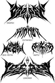 four different types of demon tattoos in black and white, with the names below them