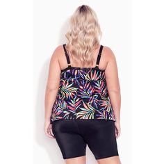 Make a statement poolside when you don our Fly Away Print Tankini Top. With its daring black and white palm print, this piece will turn heads in the sun! Not only is it beautiful, but it also provides ample coverage and support with its adjustable straps, supportive cups, and tie front feature. Constructed with partial power mesh lining and stretch fabric, this top combines fashion with function for a style that can't be beat this season. Key Features Include:- V-neckline- Wide adjustable straps Trendy Black Tankini For Swimming, Trendy Black Swimwear For Poolside, Black Trendy Tankini For Beach Season, Trendy Black Tankini For Beach Season, Black Printed Tropical Swimwear, Black Tropical Printed Swimwear, Black Tropical Print Swimwear, Black Tropical Swimwear For Vacation, Casual Black Tankini For Sunbathing