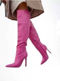 Pink Side Zip Knee High Stiletto Boots Winter Knee-high Boots With Padded Heel And Pointed Toe, Trendy Fitted Heeled Boots With 4-inch Heel, Winter High Heel Knee-high Boots With Padded Heel, Winter Knee-high High Heel Boots With Padded Heel, Trendy Fitted High Ankle Heeled Boots, Fitted Knee-high Boots With Padded Heel, Spring Knee-high Boots With Reinforced Heel And Pointed Toe, Fitted Knee-high Boots With Reinforced Heel For Spring, Fitted Knee-high Boots With Pointed Toe