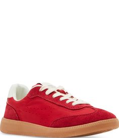 From Steve Madden&#x2C; the Duo Leather Suede Gum Sole Retro Sneakers feature:Leather&#x2C; suede&#x2C; and synthetic upperLace-up designSynthetic liningSynthetic outsoleApprox. 1" platform heightImported. The Duo, Shoe Shelf, Retro Sneakers, Red Suede, Suede Sneakers, Dillard's, Casual Sneakers, Womens Shoes Sneakers, Steve Madden