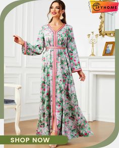 Women's Arabian Polyester Full Sleeves Floral Pattern Dress V-neck Floral Print Dress For Eid, Long Floral Print Dresses For Eid, Pink Printed Dress For Eid, Eid Pink Printed Dresses, Floral Print Dress For Eid Vacation, Floral Print Vacation Dress For Eid, Fitted Casual Dress For Eid, Casual Fitted Dresses For Eid, Printed V-neck Dress For Eid