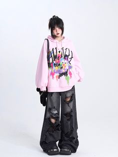 This price is for a hoodie only, others are not included. SizeSMLFull Length687072Bust118122126Hem Circumference100104108Sleeve Length505152 Black Denim Pants, Graffiti Prints, Print Pink, Pink Hoodie, Height And Weight, How To Better Yourself, Pink Print, Denim Pants, Black Denim