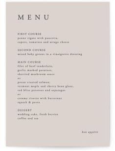 a menu with the words, first course and second course in black ink on white paper