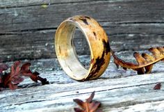 a wooden ring sitting on top of a piece of wood next to some fallen leaves