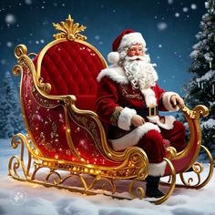 a santa clause sitting on top of a sleigh in front of a christmas tree