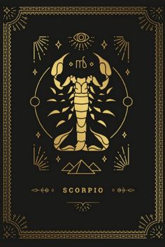 the scorpion zodiac sign on a black background with gold trimmings and an ornate frame