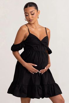 Kai Black Cami Babydoll Maternity Mini Dress With Ruffle Cold Should – Club L London - USA Perfect Black Dress, Cold Shoulder Sleeves, Velvet Prom Dress, Club L London, Babydoll Mini Dress, Bachelorette Party Outfit, Black Cami, Black Dress Prom, Black Tie Gala