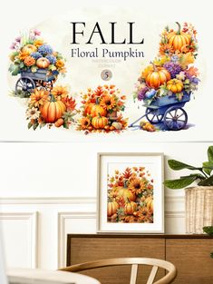 the fall floral pumpkins are displayed in front of a white wall with a wooden chair