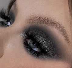 Shiny Smokey Eye Makeup, Dark Glam Makeup Glitter, Goth New Years Makeup, Goth Nye Outfit, Black Sparkly Eye Makeup, Black Glitter Eyeshadow Looks, Silver Goth Makeup, Dramatic Black Eye Makeup, Glitter Goth Makeup