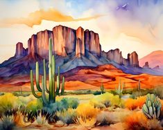 a painting of mountains and cactus trees in the desert