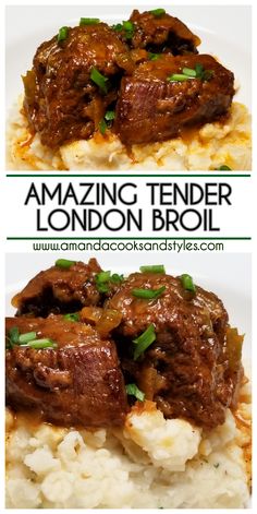 two pictures of the same food on top of mashed potatoes with meat and gravy