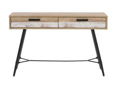 an old wooden table with two drawers and metal legs, on a white background stock photo