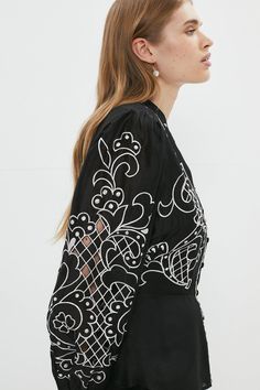 Style: BlouseFabric: OrganzaLength: RegularNeckline: CollarlessSleeve Length: Long Sleeve Black Kurti, Embroidered Summer Dress, Cotton Jackets Women, Emb Designs, Fancy Kurti, Cutwork Embroidery, Casual Wear Dress, Clothes Crafts, Summer Fashion Outfits