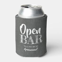 a can cooler with the words open bar written on it