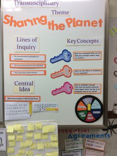 a bulletin board with sticky notes and magnets on it that says sharing the planet