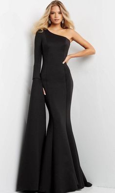 Jovani 07128 - Split Sleeve Cascade Evening Dress – Couture Candy Simple Evening Dress, Long Sleeve Evening Gowns, Lace Evening Gowns, Split Sleeve, One Shoulder Gown, Unique Prom Dresses, Long Sleeve Gown, Feather Dress, Mermaid Skirt