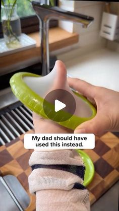 a person is holding a green plate with a banana on it and the caption reads, my dad should have used this instead