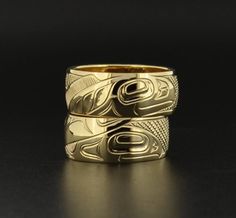 14k Gold Matching Yin Yang Wedding Bands Northwest Native American Stacking Salmon Design Native American Wedding Ring Sets, Yin Yang Wedding, Native American Wedding Rings, Salmon Design, Native American Wedding, Eagle Ring, Titanium Wedding Rings, Titanium Wedding Band, Native Jewelry