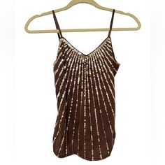 Brown Spaghetti Strap V-Neck Tank Top From Express, New With Tags. Featuring A Built In Shelf Bra, Adjustable Straps, And Star Sequins. Classic 90’s Tank. From A Smoke Free Home. #90s #Sequins Brown Fitted Top With Spaghetti Straps, Brown Fitted Spaghetti Strap Top, Brown Stretch Camisole For Summer, Stretch Brown Camisole For Summer, Brown V-neck Camisole For Summer, Brown Sleeveless Camisole For Night Out, Fitted Brown V-neck Tank Top, Brown Tank Top For Night Out In Spring, Spring Night Out Brown Tank Top