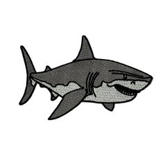 a cartoon shark with an open mouth embroidered on it's back side, in black and white