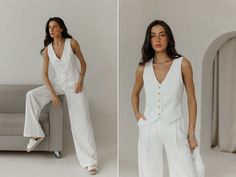 Two piece set white linen suit Vest and Palazzo pants suit.Matching linen suit.Women's summer pants suit.Summer linen suit. White summer set MATERIAL: Natural linen with the addition of cotton: 90% linen, 10% cotton. COLOURS: Kelly Green, Beige, Black, Lemon, Hot Pink, White You can also Purchase full 3-pieces pants suit with Blazer, Vest and Palazzo pants: https://www.etsy.com/listing/1699683982/white-three-peace-linen-suit-blazer-vest WE OFFER TO UNPACK SUIT IN DIFFERENT SIZES Blaze and Pants (see the Variations) SIZES-LENGTH: XS size: Blazer-65cm, Sleeves-60cm, Pants-108cm S size: Blazer-67cm, Sleeves-61cm, Pants-109cm M size: Blazer-69cm, Sleeves-62cm, Pants-111cm L size: Blazer-71cm, Sleeves-63cm, Pants-112cm (the length can very +- 0.5cm due to natural linen characteristics) We can c White Linen Sets For Spring, Elegant White Summer Sets, Elegant Fitted Linen Pantsuit, Elegant Linen Summer Sets, Elegant Summer Linen Sets, White Linen Summer Sets, Chic White Linen Sets, Elegant White Linen Pants, Summer White Pantsuit For Workwear