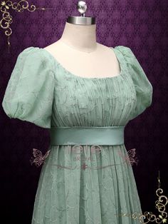 Green Regency Style Empire Dress with Floral Lace JOANNE Pride And Prejudice Gowns, Green Formal Dress With Historical Design, Formal Green Dress With Historical Design, Green Historical Design Wedding Dress, Green Wedding Dress With Historical Design, Elegant Green Dress With Historical Design, Green Fitted Victorian Dress For Formal Occasions, Green Fitted Victorian Dress For Formal Events, Green Victorian Dress For Wedding