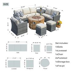 an outdoor furniture set is shown with measurements