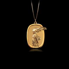 Embrace the timeless grace of our Samothrace pendant. Handcrafted with care, this elegant piece captures the beauty and power of the winged Victory of Samothrace, symbolizing triumph and strength. Wear it as a reminder of your resilience and the enduring spirit of victory. PENDANT INFORMATIONThis pendant is made of real, solid gold.• Made in USA• Material: 14k or 18k solid gold• Finish: polished• Height: 1.13" (31,5 mm) x Width: 1" (23 mm)• Pendant weight: approx. 8 grams (14k)• Bail: fits up to Mythological Style Yellow Gold Jewelry As Gift, Mythological Style Yellow Gold Jewelry Gift, Elegant Tarnish-resistant Bronze Necklace, Elegant Winged Gold Jewelry, Elegant Gold Winged Jewelry, Gold Winged Sterling Silver Jewelry, Elegant Gold Winged Necklace, The Winged Victory, Winged Victory Of Samothrace